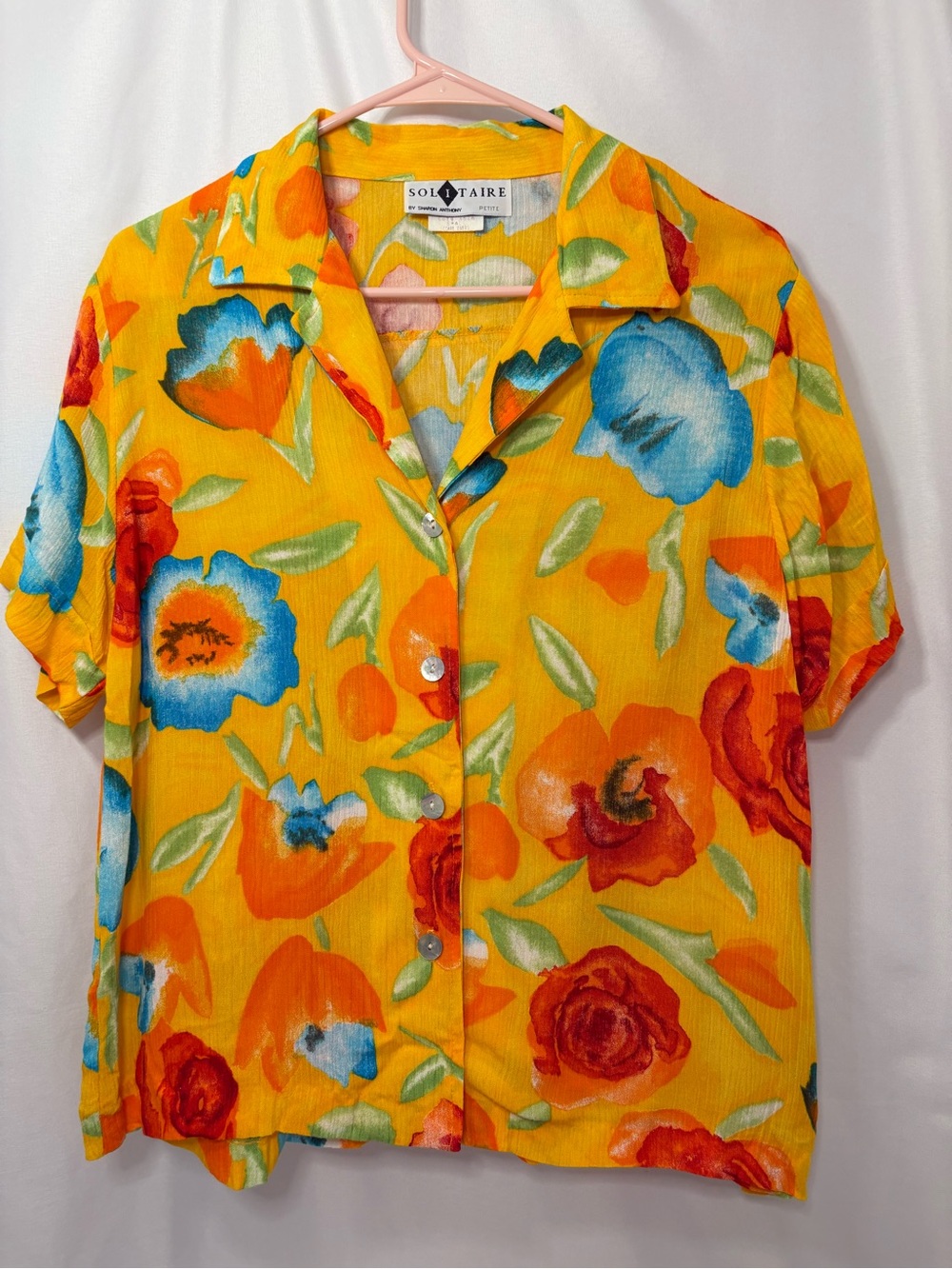 Vintage Solitaire Yellow Floral Camp Collar Button-Up Size Petite Small